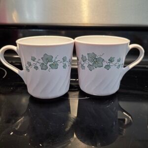 Corningware Mugs Set of 2 White Ivy Leaf Pattern USA Coffee‎ Tea Kitchen Vintage
